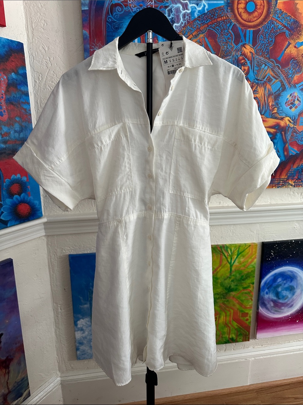 Zara White Button-Front Short Sleeve Dress